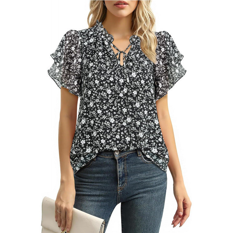 Amazon eleganceelegant short-sleeved topssummernew arrivalv neckruffle sleeve chiffon floralshirt