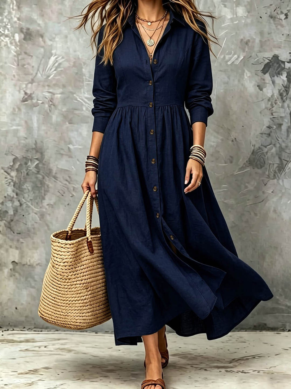Plus size women's vintage shirt dress - long sleeve, button-down, notched collar, buttoned waist, pleated, flowy, loose fit, vacation style