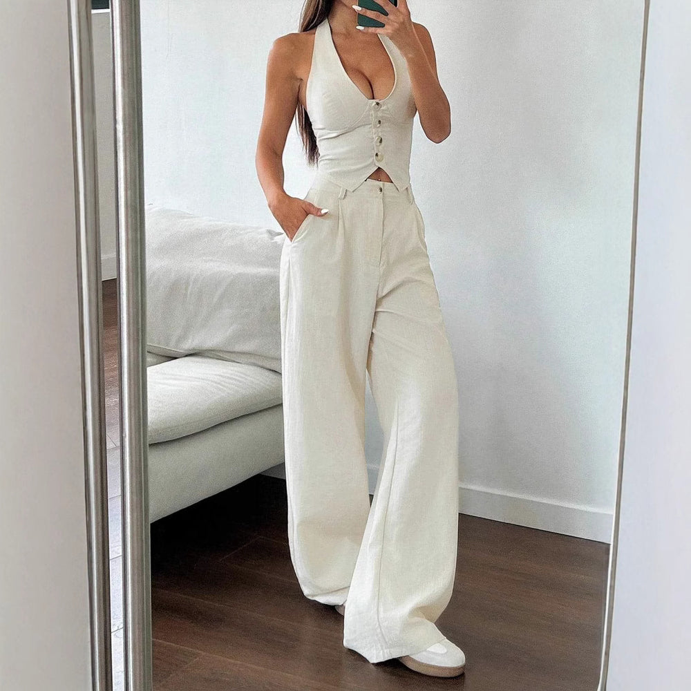 Amazon two-piece set: women's tie-front vest and straight-leg casual pants wholesale