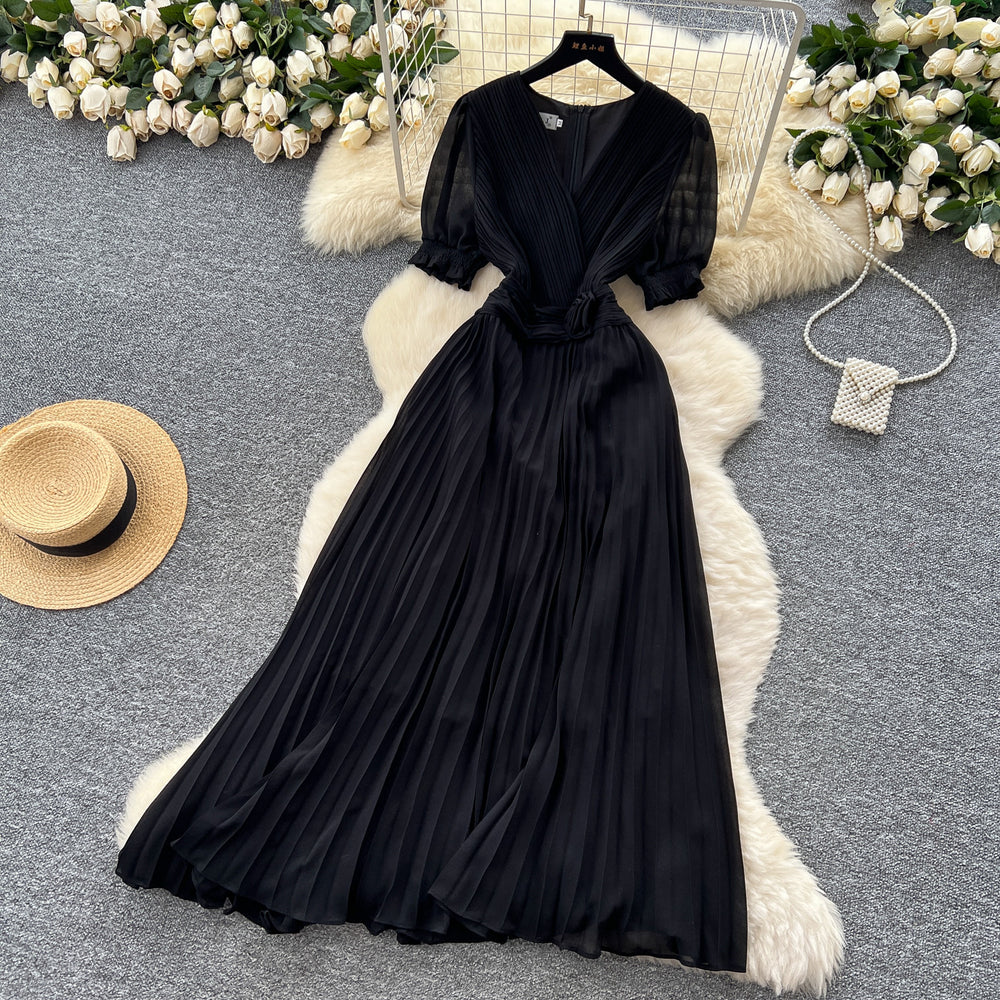 Frenchclassyelegantv neck puff sleeves stereo flower waist pleated dress female summer slimming lookelegant long skirt