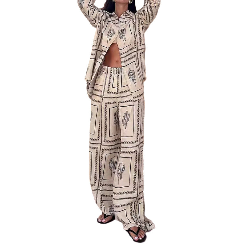 summer new women's clothing: cross-border export fashion set - european and american style casual printed long-sleeve shirt and wide-leg pants