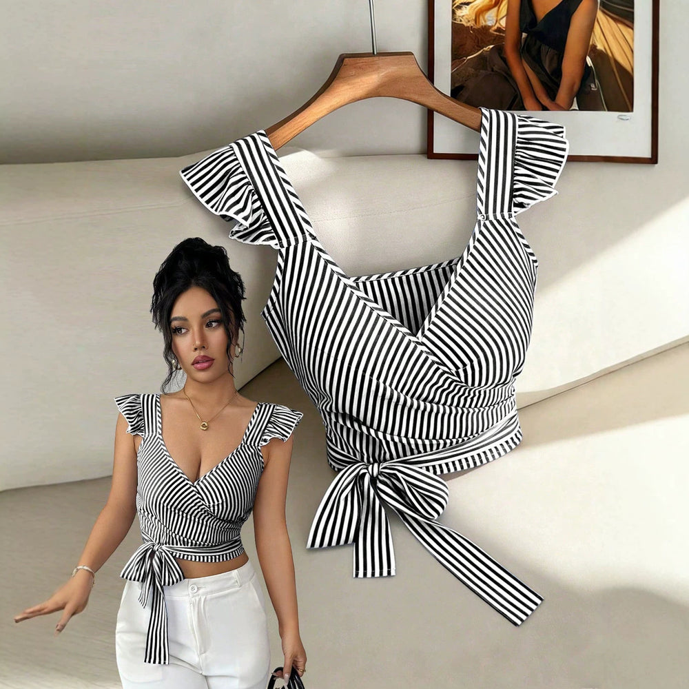 Summerfrenchstripesshorttopsv neck flying sleeves cross wrap side bowsilm navel-baring vest