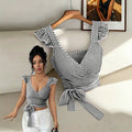 Summerfrenchstripesshorttopsv neck flying sleeves cross wrap side bowsilm navel-baring vest