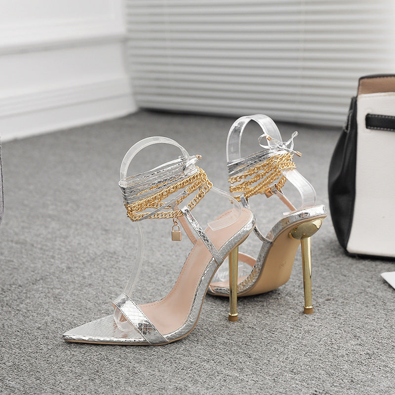 2025 european and american new design niche 12cm high heel socialite wrap-around sandals - gold power woman wine glass heel