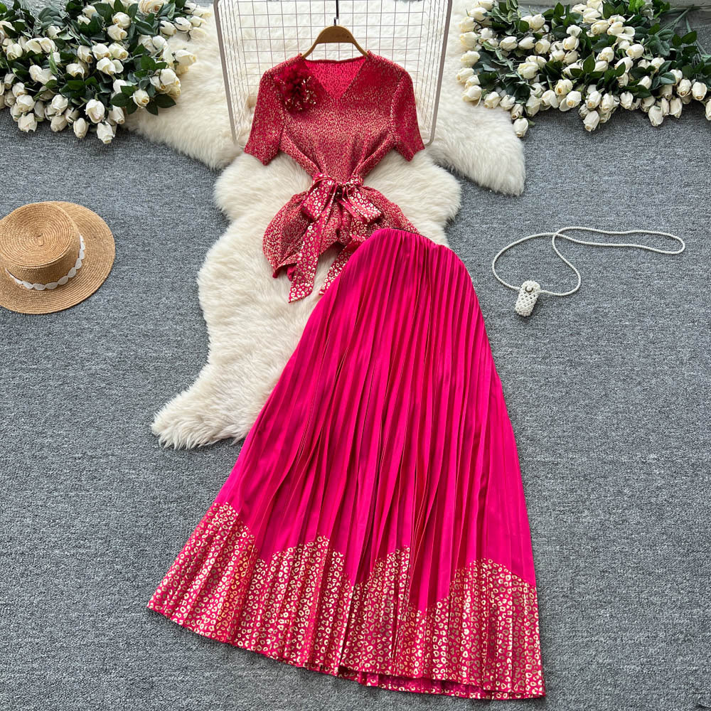 Classy suit women's summer strap waist stereo flower short sleeve ruffle hem topshigh waistpleated skirt