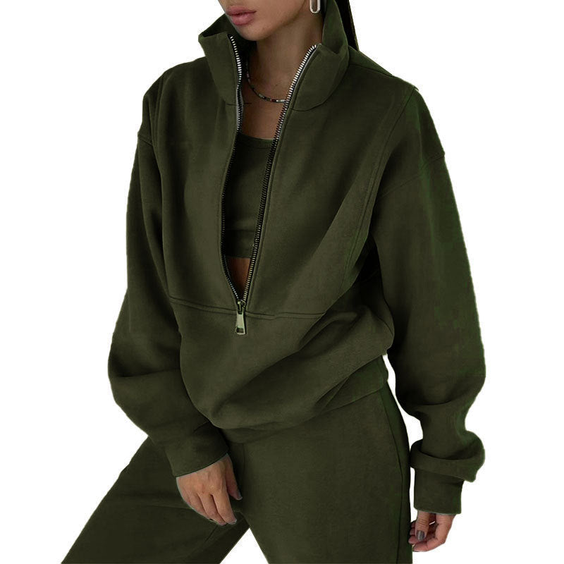 cross-border e-commerce european and american women's clothing: new summer collection - fashionable casual fleece-lined sporty zip-up hoodie set