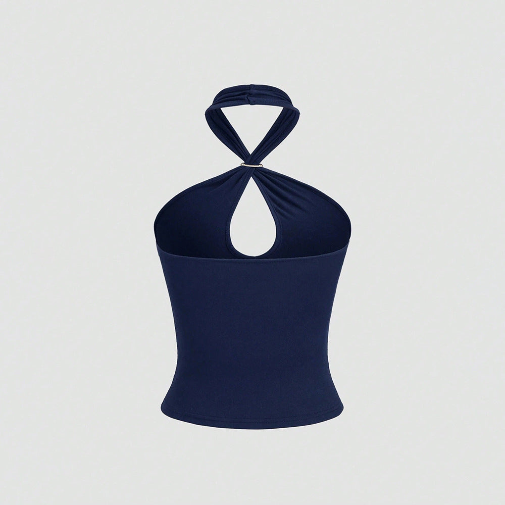 Gold ring buckle halter top - women's summer outerwear & inner layering - sexy & sweet mini top - halter design top
