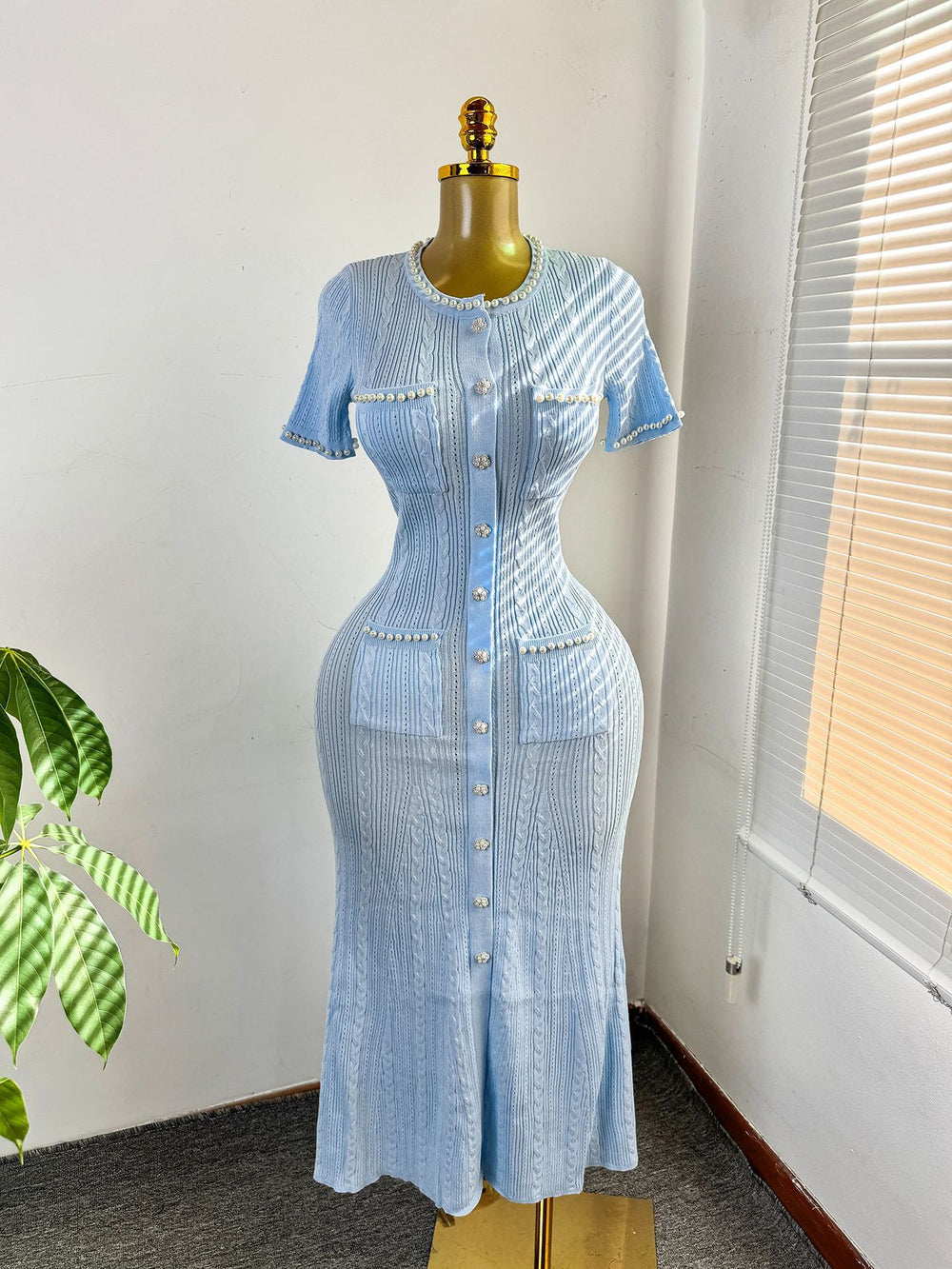 Export women's french tweed style elegance celebrity silm short-sleeved knittingdress beaded fishtail mid-length skirt