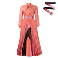 D547 european and american plus size women's clothing  autumn new arrival tie-waist pleated long sleeve color block elegant cross-border dress