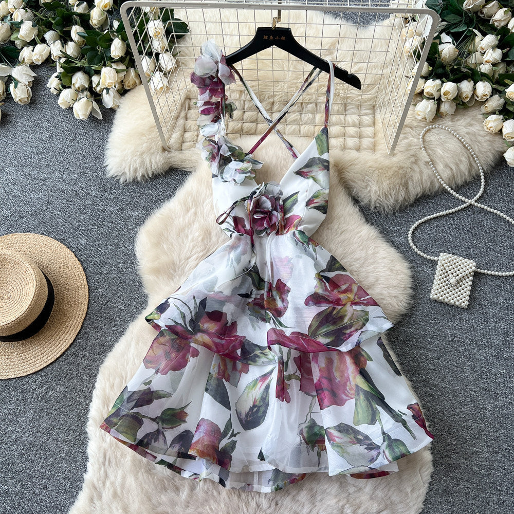 Romantic vacation style v-neck floral print dress - women's summer backless tie-up a-line dress - sexy, elegant, and slimming