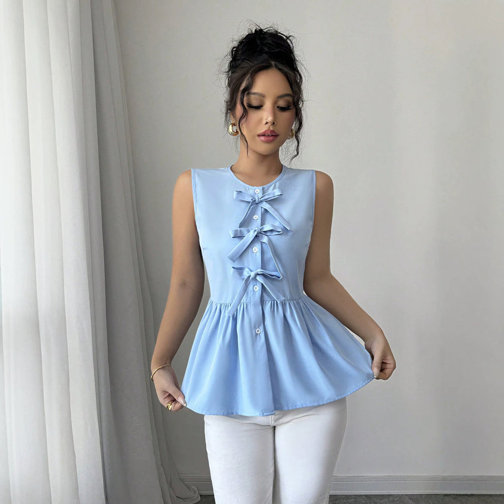 fashion  summer new arrival light blue bows sleeveless tops waist rufflesslimming look vest