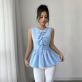 fashion  summer new arrival light blue bows sleeveless tops waist rufflesslimming look vest