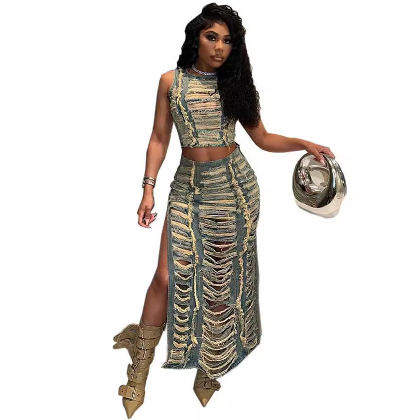European and american women's denim set - cross-border fashion, trendy & unique hand-worked distressed vest with high-slit denim skirt