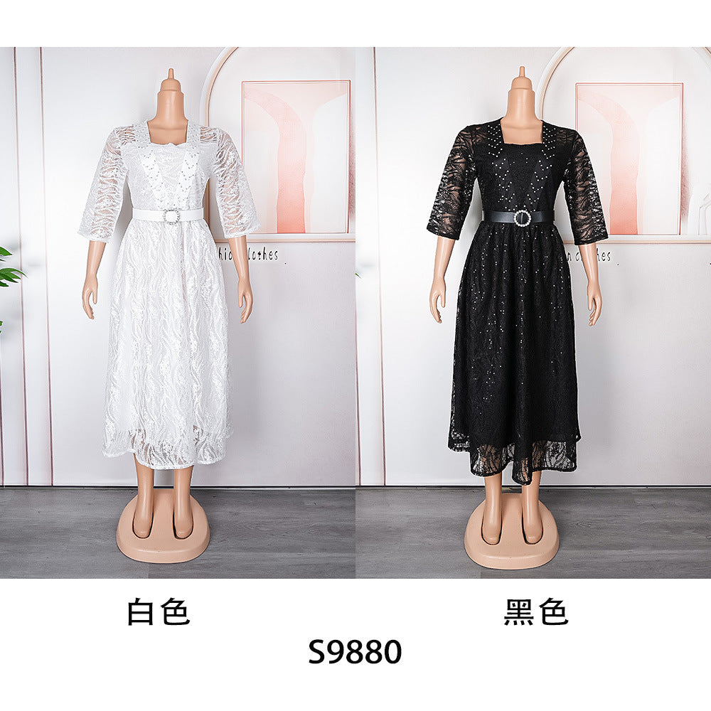 African clothing plus size women's lace rhinestone a-line dress  high waist evening gown dress with belt