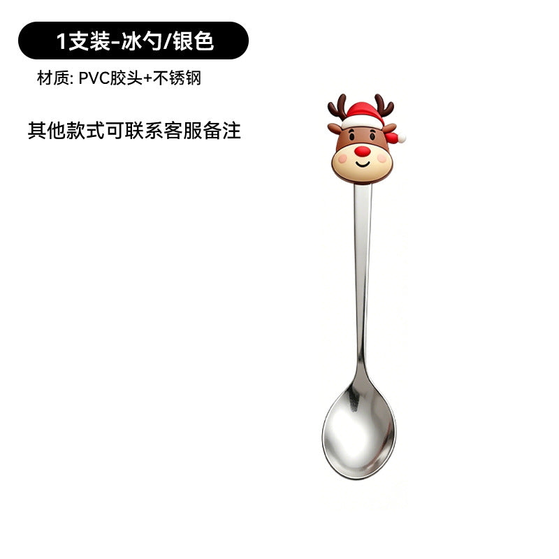 christmas cartoon cutlery gift box stainless steel silicone head spoon fork coffee spoon fruit fork cross-border set wholesale