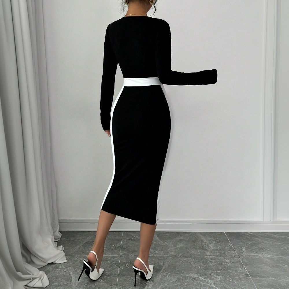 new  cross-border european and american women's clothing color block midi dress sexy bodycon long sleeve dress