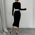 new  cross-border european and american women's clothing color block midi dress sexy bodycon long sleeve dress