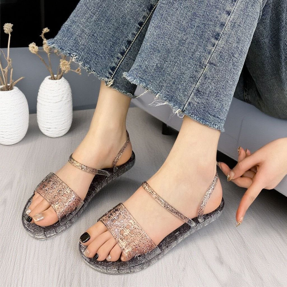 Two-way crystal sandals for women, featuring a breathable, hollowed-out design, soft sole, and a fairy-like aesthetic. perfect for both indoor and outdoor wear, these stylish and non-slip sandals are ideal for the beach