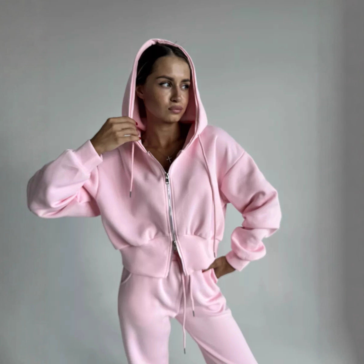 European and American  casual cotton-containing women's clothing solid color long-sleeved zipper cardigan hooded sweater lace-up waist pants two-piece set