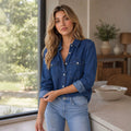 Fashion cross-border export denim shirt lapel double metal patch pocket single-breasted design workweareasiest for matchworkwear shirt