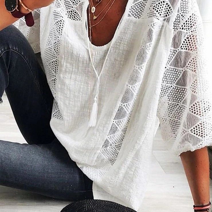 loose type    new arrivalfashionlacepatchwork u-neck three-quarter sleeve tops