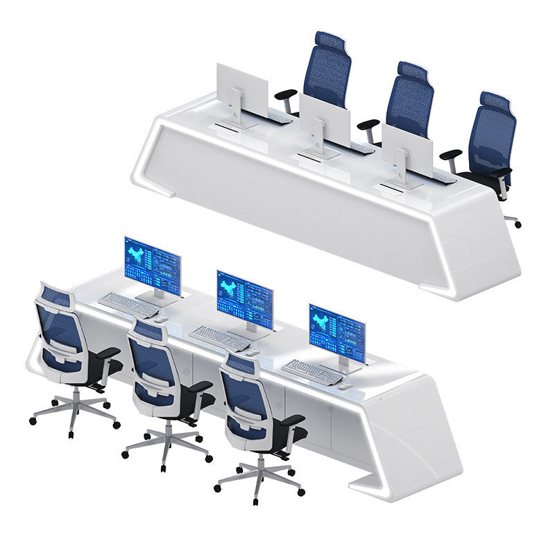 Saint li's futuristic surveillance console, command center curved control desk, central control room monitoring station, and workstation