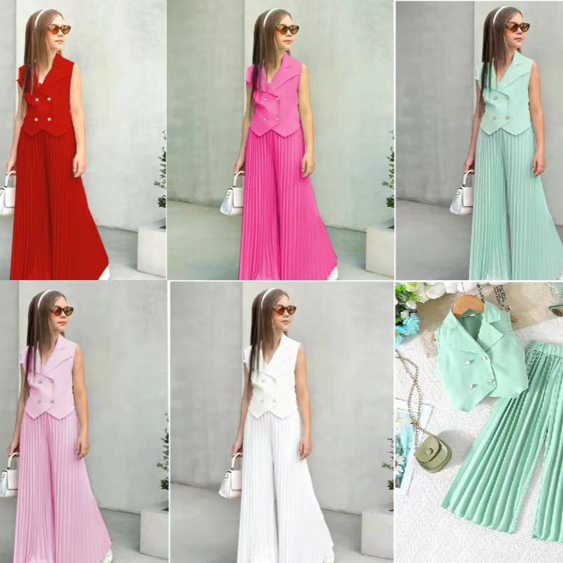 new european and american style girls' sleeveless blazer top + wide-leg pants set - european & american cross-border kids' outfit