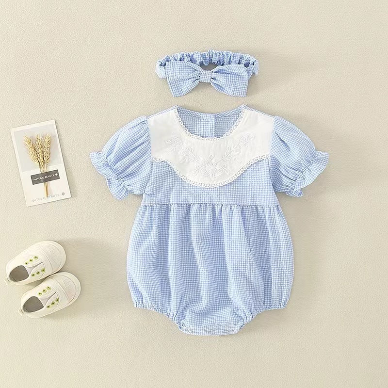 Infant summerk-style plaid girl baby jumpsuit, fashionable short-sleeved khaki new arrival, outdoor bag butt shirt