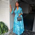 European and american cross-border women's clothing  summer new arrival: elegant casual printed long-sleeve shirt and high-waisted midi skirt set