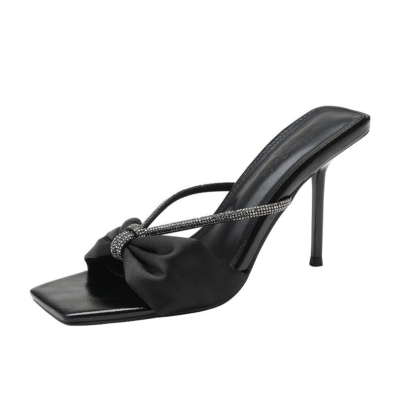 Purple satin rhinestone one-strap sandals women's 2024 summer new bow open-toe high heel slides