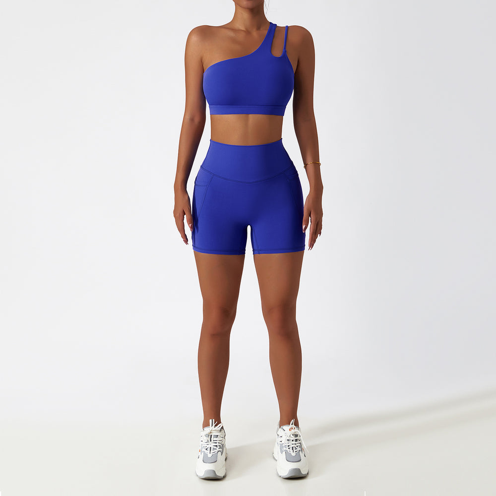 breathable quick-drying tight-fitting yoga clothes flap pocket pants running sports suit diagonal shoulder naked fitness suit6425
