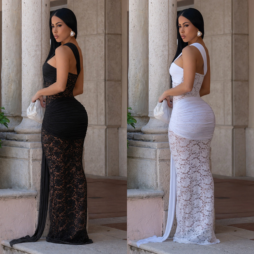 C7692 cross-border   fashion women's sexy lace one-shoulder ruffle bodycon dress
