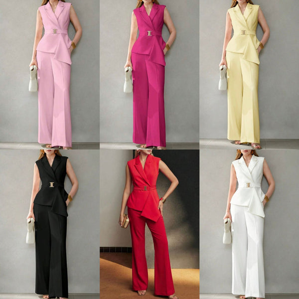 Europe, America, ,   women's clothing, commuter style, fashion belt, lapel vest, trousers set, two-piece set for women