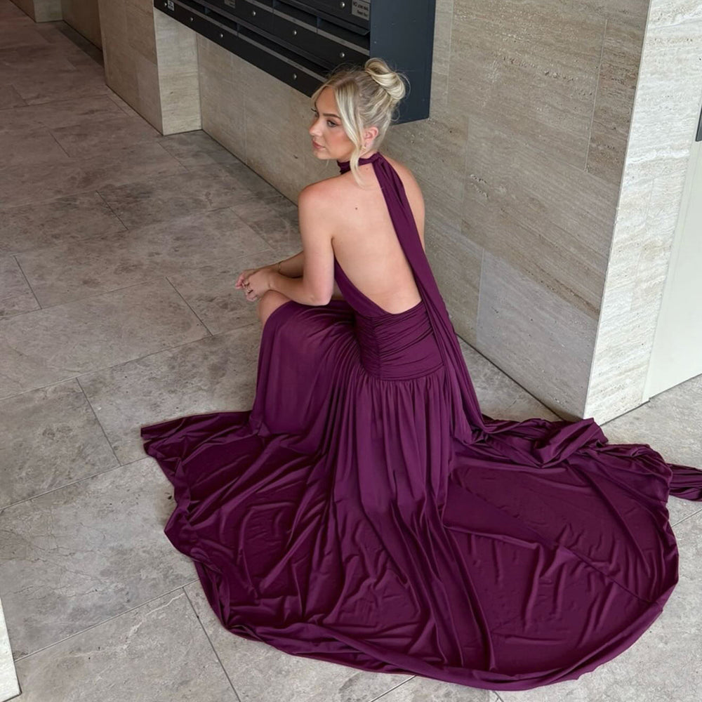 women's clothing  spring/summer new fashion halter neck sexy backless maxi dress with tie-up and slit