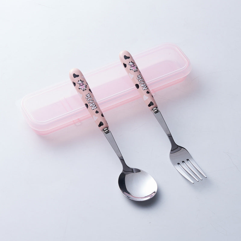 Portable storage cutlery set - cute cow design stainless steel children's dinnerware set: fork, spoon, and chopsticks