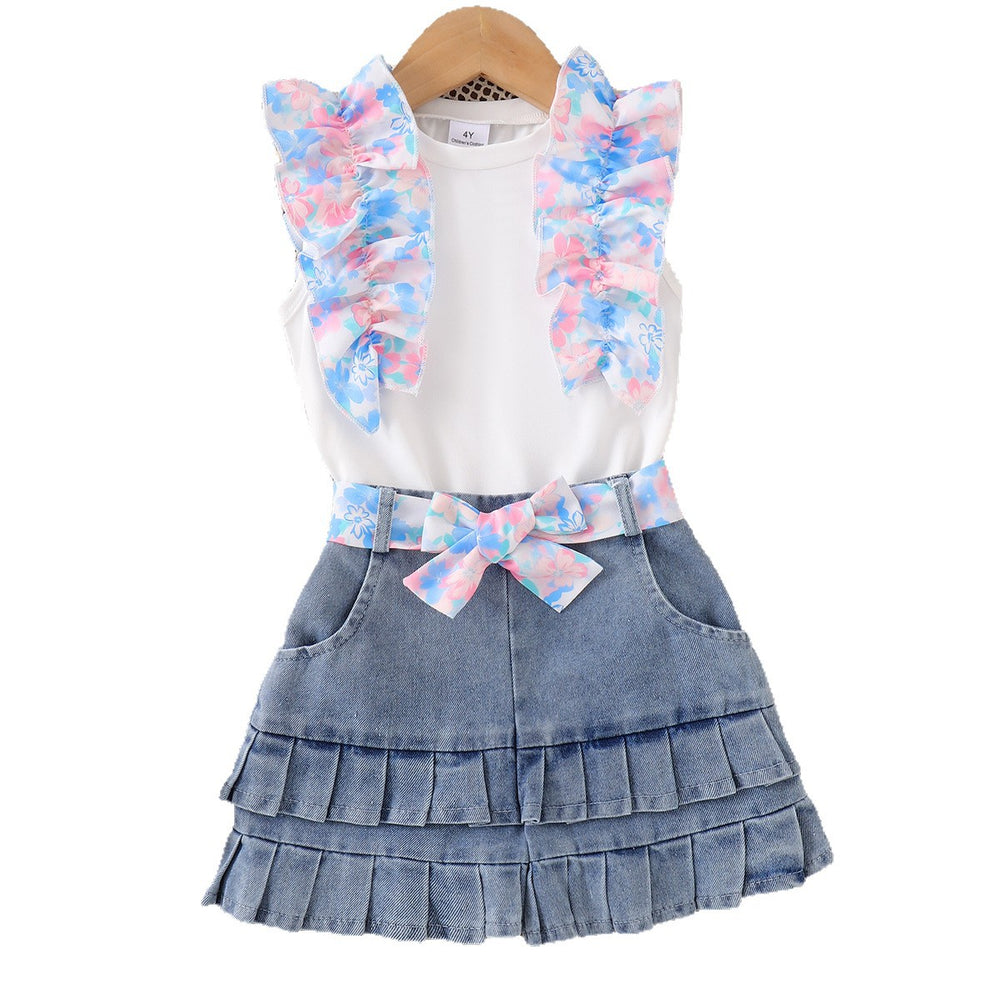 Children's clothing cross-border european and american girls white vest + blue shorts two-piece set children's clothing