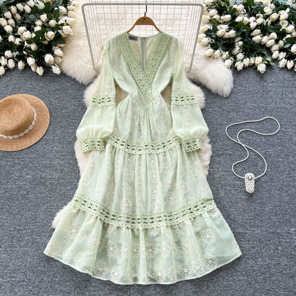 French court style floral lantern sleeve dress - women's spring hollow-out crochet v-neck design, elegant and luxurious maxi dress