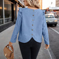 European and american casual women's top - solid color crew neck, flutter sleeves, button-back, curved hem, loose fit, slimming blouse