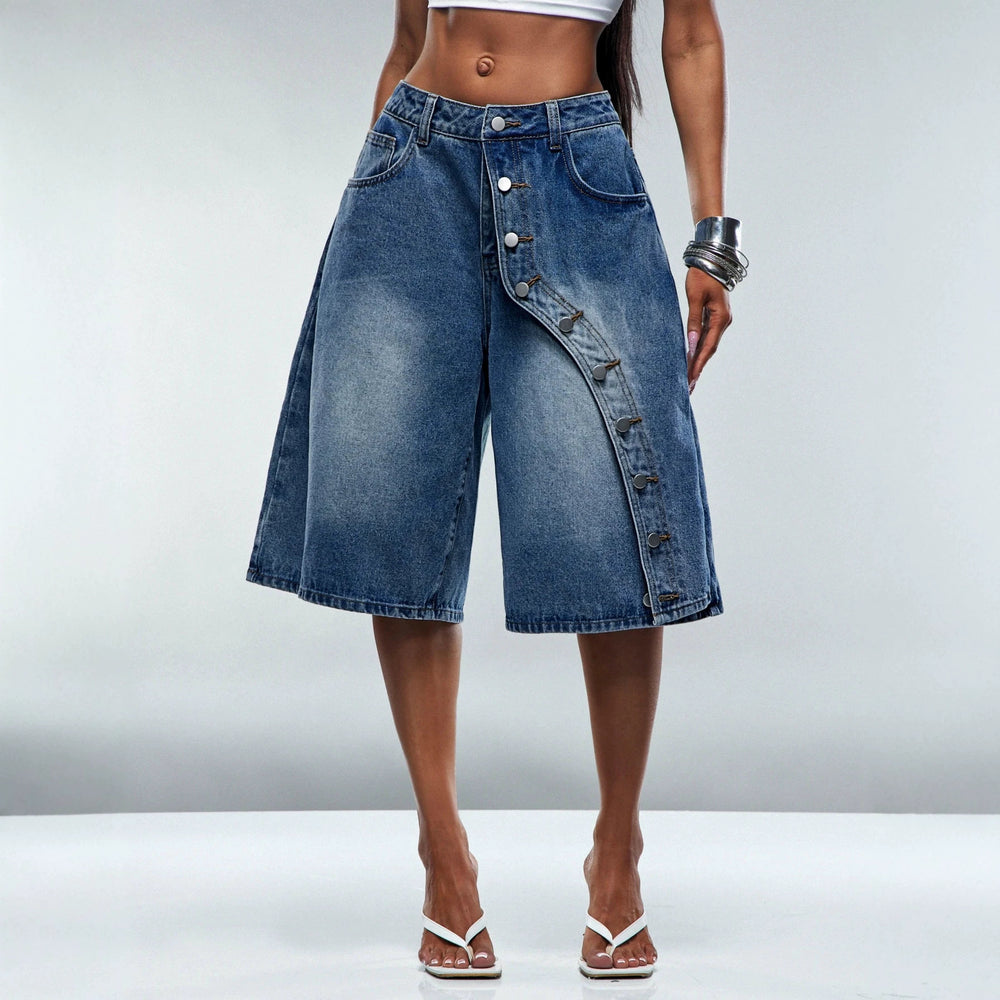 Fashion jeans women's diagonal button wide-leg cropped jeans cross-border hot girl washed pants foreign trade women's clothing