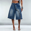 Fashion jeans women's diagonal button wide-leg cropped jeans cross-border hot girl washed pants foreign trade women's clothing