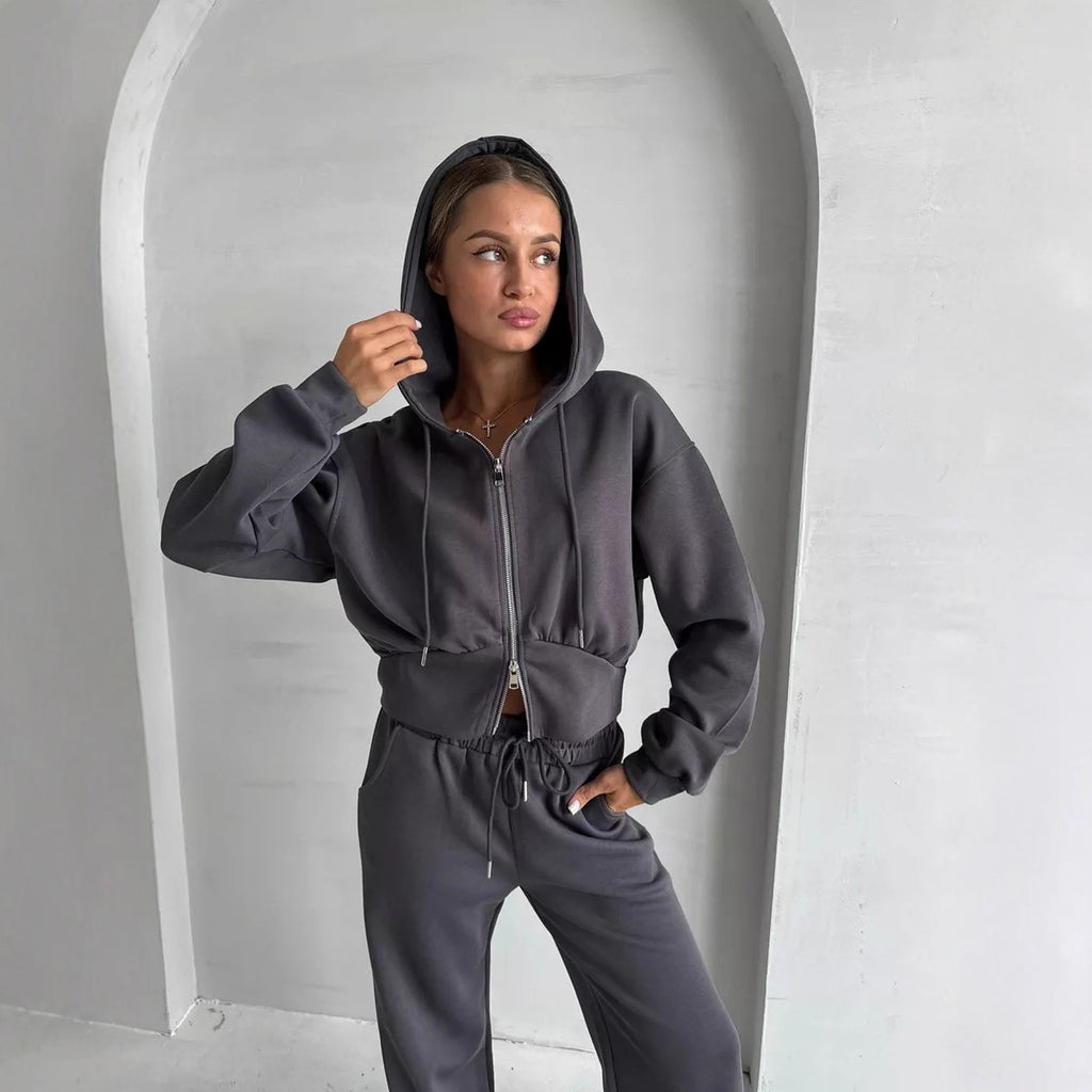 European and American  casual cotton-containing women's clothing solid color long-sleeved zipper cardigan hooded sweater lace-up waist pants two-piece set