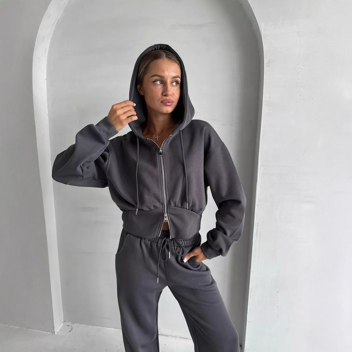 European and American  casual cotton-containing women's clothing solid color long-sleeved zipper cardigan hooded sweater lace-up waist pants two-piece set