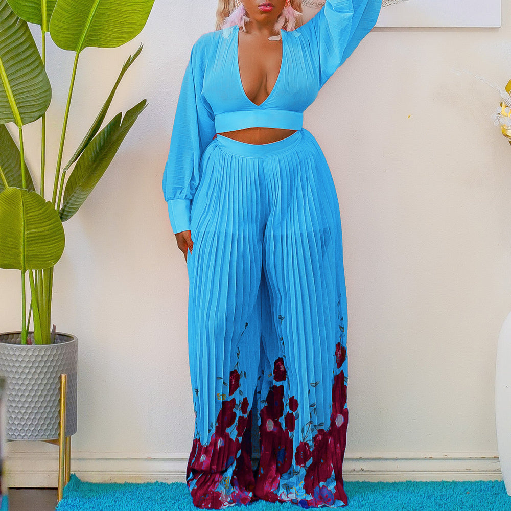 Independent station export wholesale v neck chiffon lantern sleeve tops pleated wide leg pants two-piece setfashionsuit