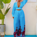 Independent station export wholesale v neck chiffon lantern sleeve tops pleated wide leg pants two-piece setfashionsuit