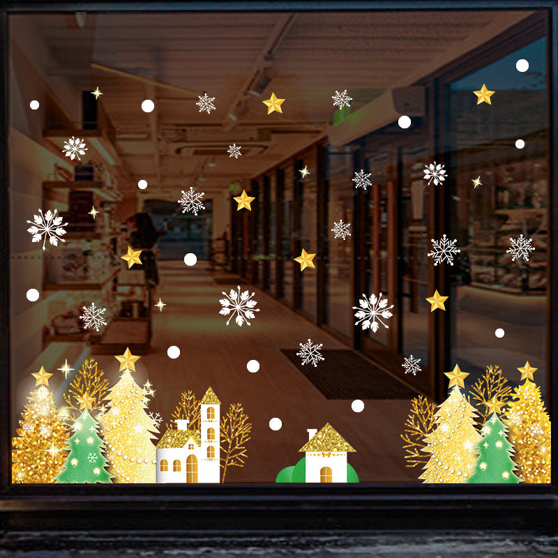 Christmas decoration glass door sticker shop window scene arrangement golden Christmas tree snowflake glue-free static sticker