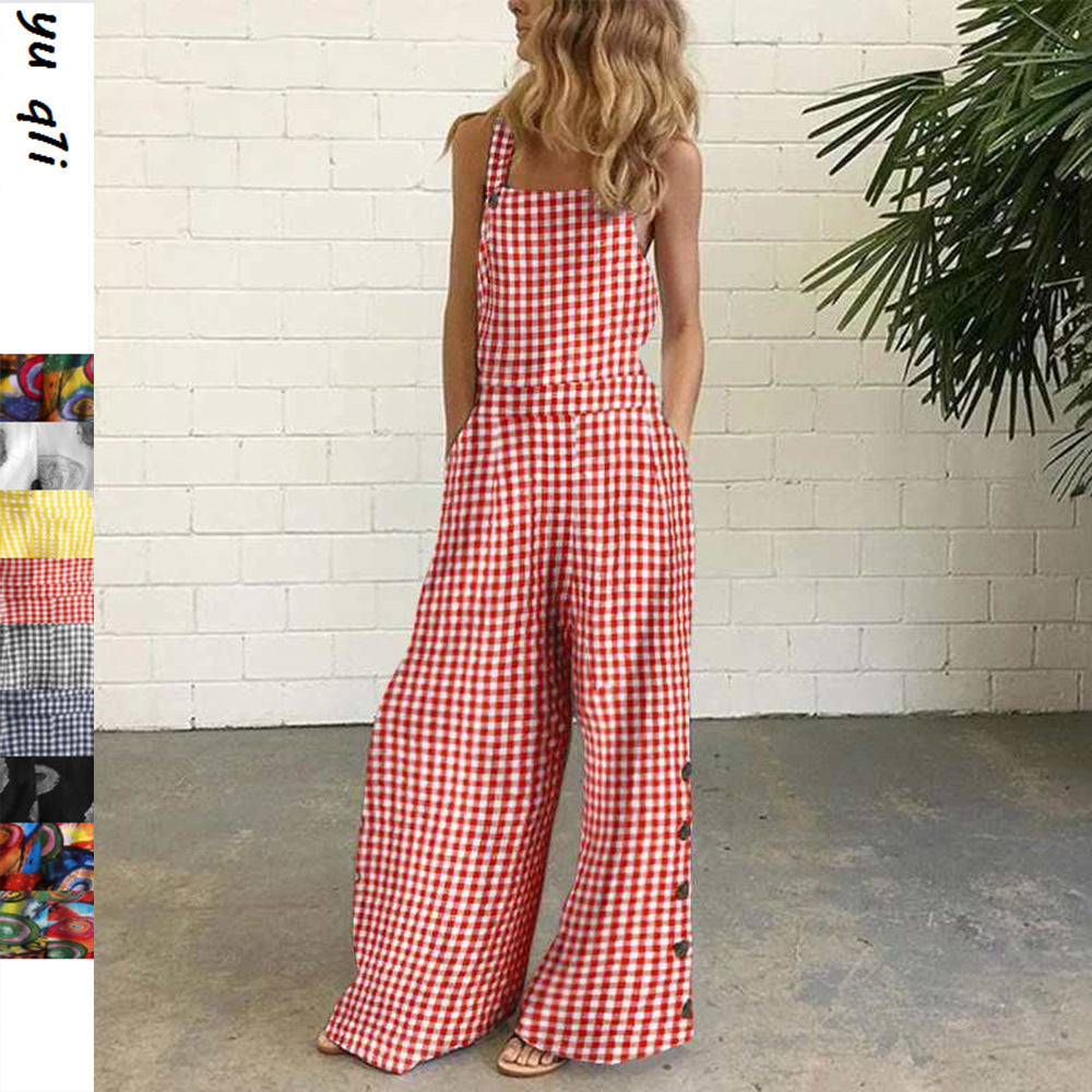 Independent station fashion  new  four-color polka dot wide-leg pants pants digital printing backless jumpsuit