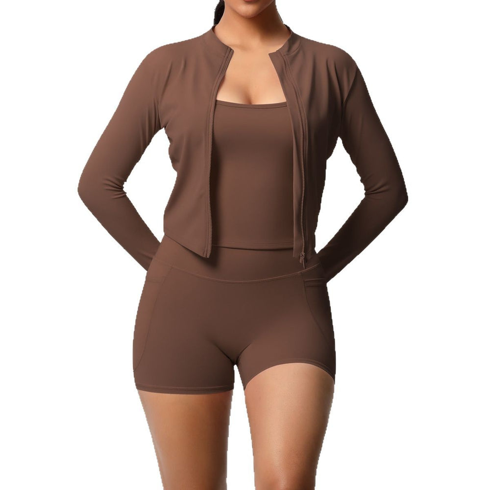 new nude feel tank top outdoor casual compression fitness set with pocket shorts and yoga outfit - 3 piece sports set