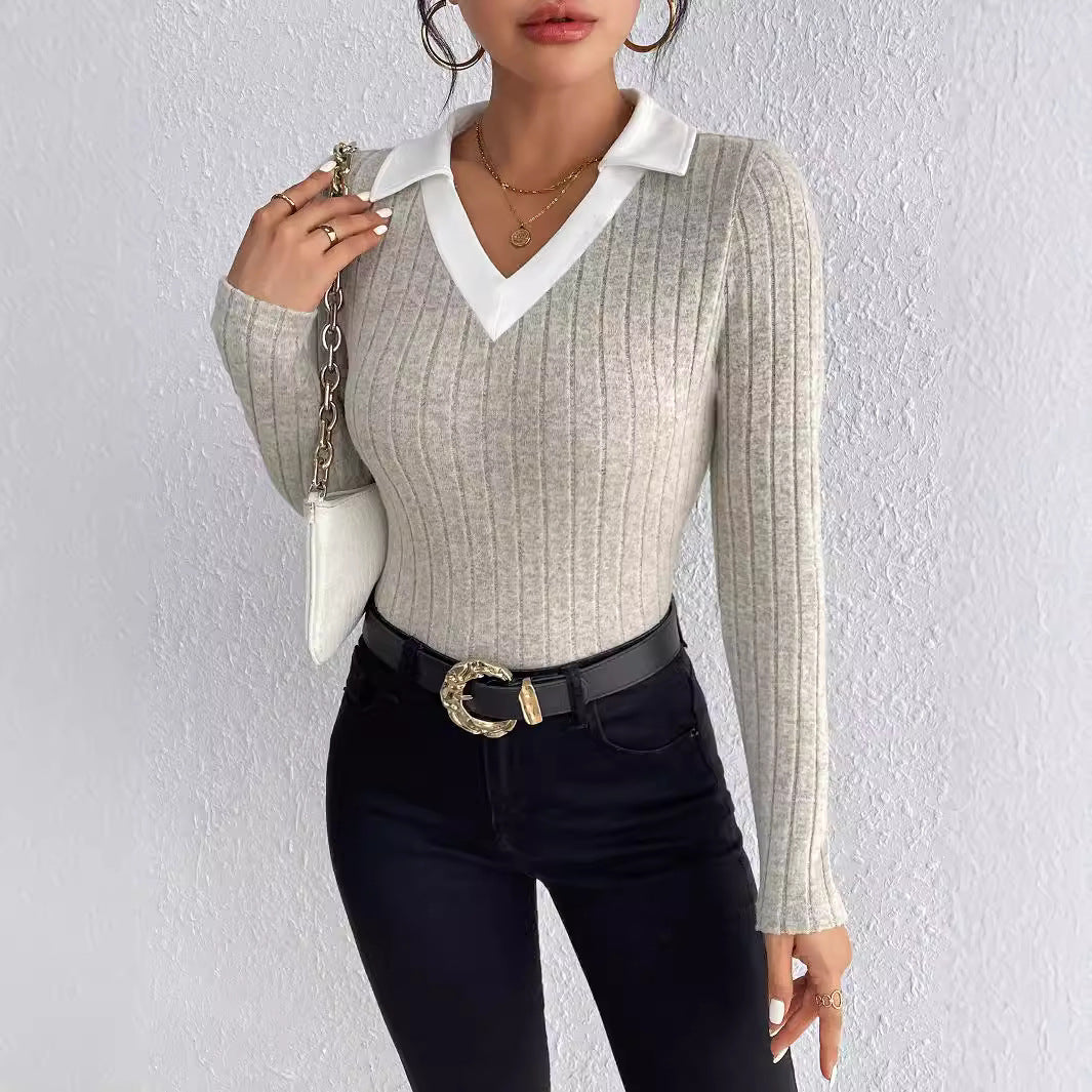Europe and the United States , new autumn women's clothing pullover long-sleeved knitted top v-neck simple knitted bottoming shirt