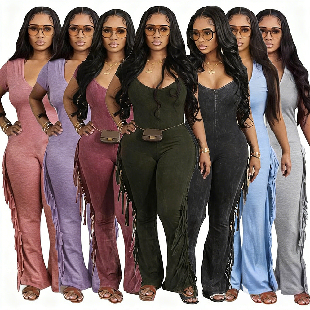new cross-border european and american  hot-selling women's retro slim-fit one-piece tassel casual jumpsuit