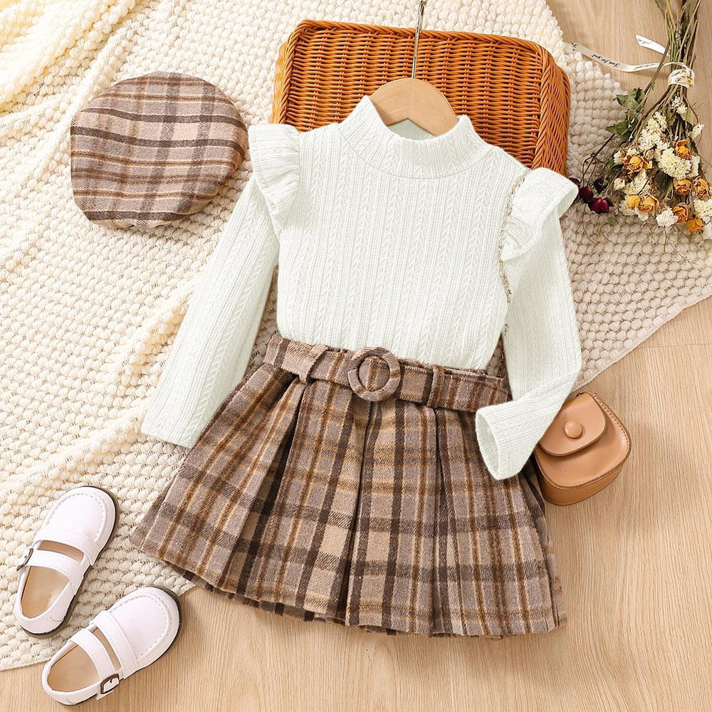 fashion children's clothing girl suitlong sleeves lace collar plaid pleated skirt belt beret suit 4-piece set
